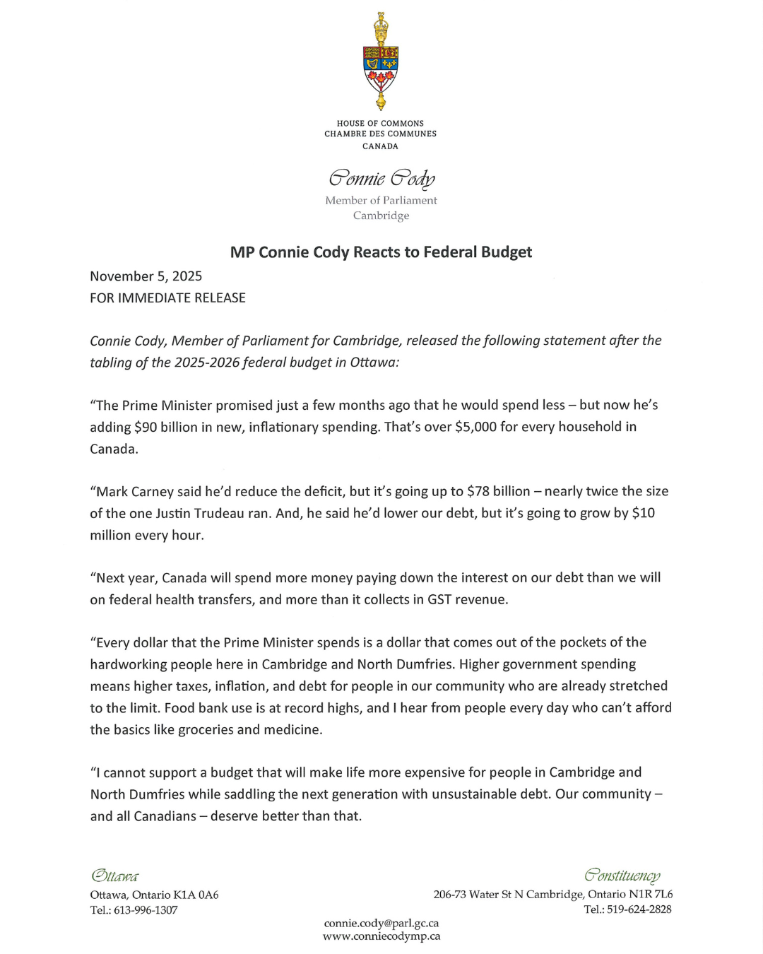 MP Connie Cody Reacts to Federal Budget
